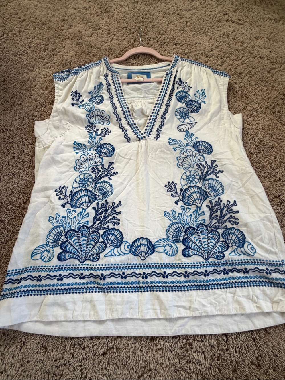 Anthropologie Maeve linen embroidered tunic dress medium white blue beach shells - Picture 3 of 17